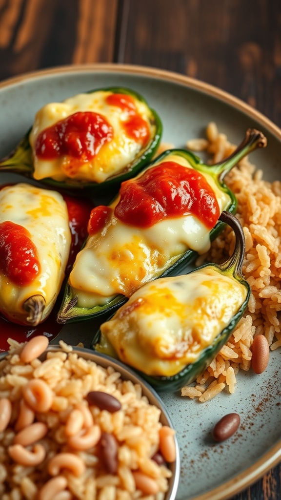 A plate of Chiles Rellenos served with rice and garnished with sauce.
