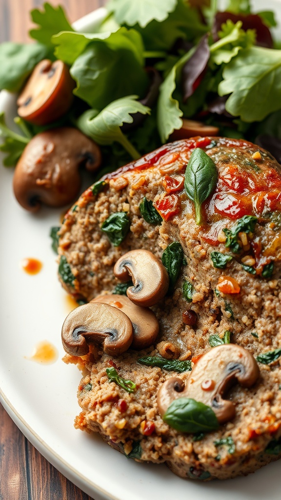 A hearty slice of mushroom and spinach meatloaf served with a side salad.