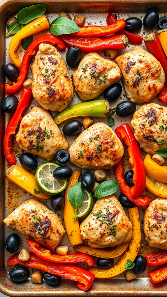 A colorful array of Mediterranean chicken with vegetables on a sheet pan, featuring bell peppers, olives, and fresh herbs.