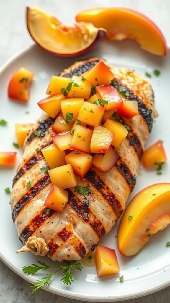 Grilled chicken topped with peach salsa and garnished with herbs