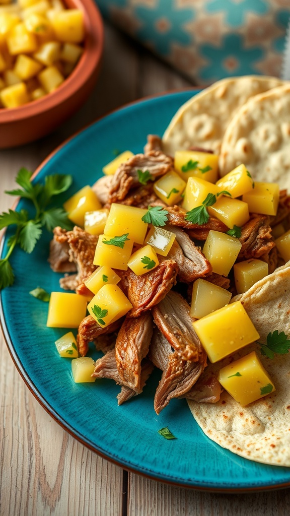 A plate of Pork Carnitas topped with Pineapple Salsa, served with tortillas.