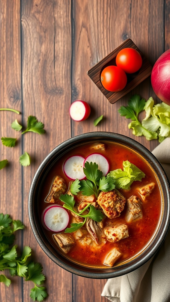 A warm bowl of pork pozole garnished with fresh toppings.