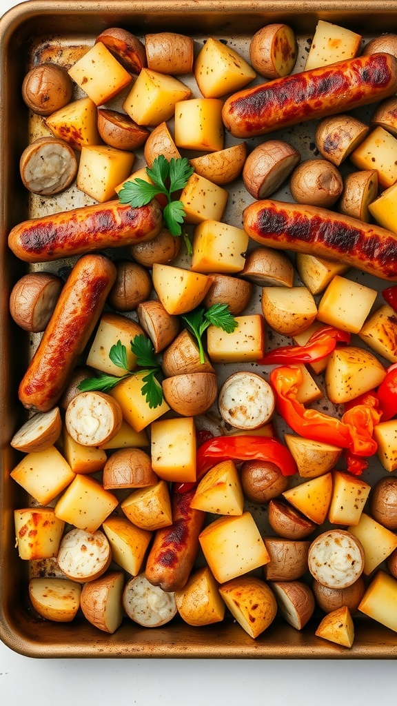 A delicious sheet pan dinner featuring sausage, potatoes, and bell peppers.