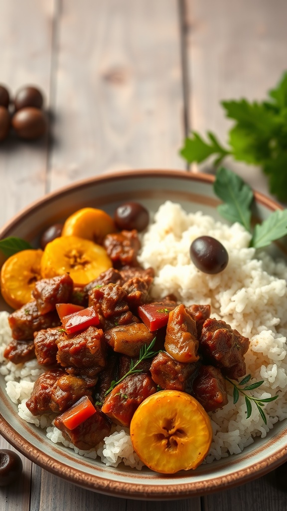 A bowl of savory beef picadillo served over rice with garnishes.