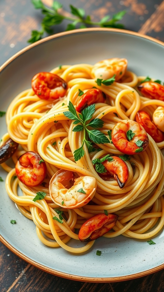 A plate of seafood linguine with shrimp, scallops, and a white wine sauce, garnished with parsley.