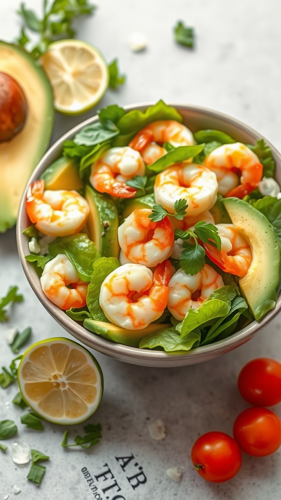 Shrimp and Avocado Salad with greens and tomatoes
