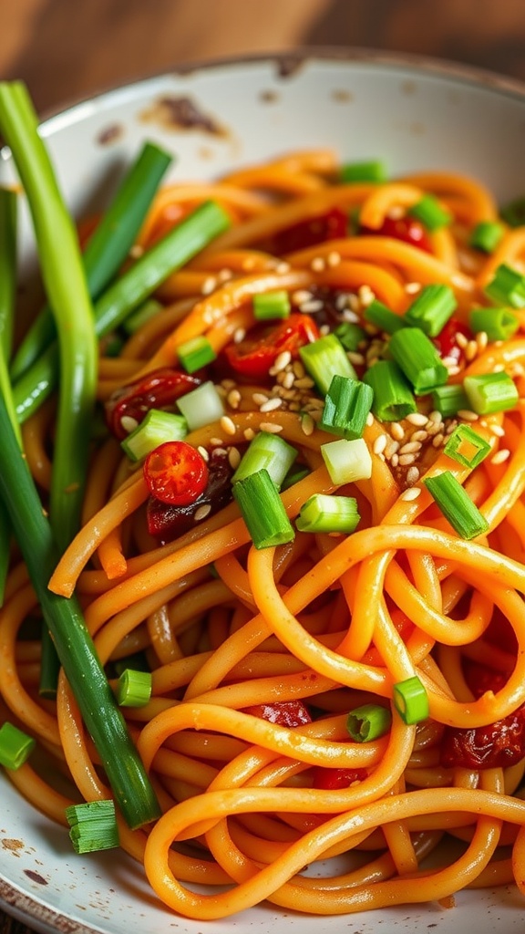 A bowl of Sichuan Dan Dan noodles topped with green onions and peanuts.