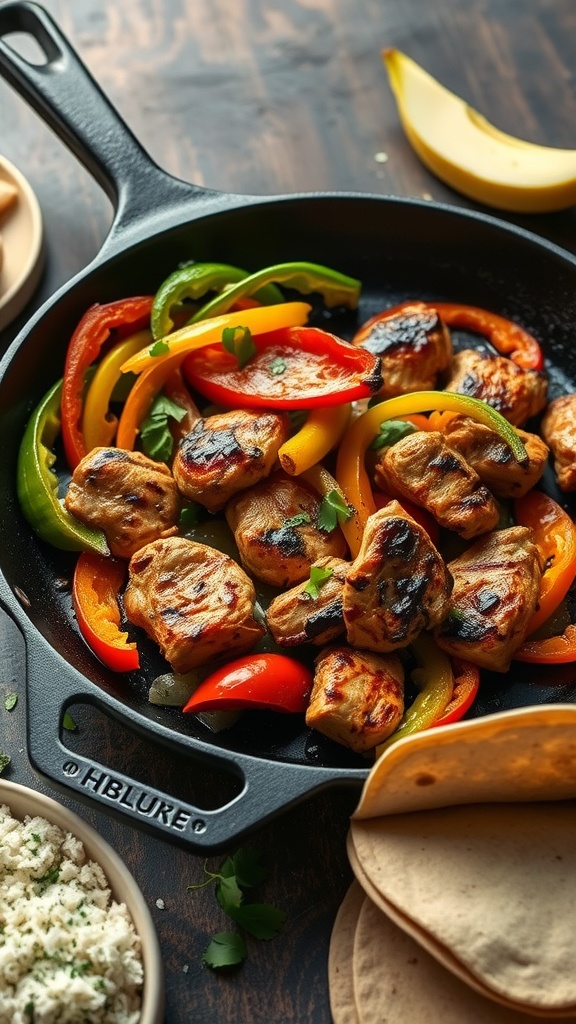 A dish of sizzling fajitas with colorful bell peppers and grilled chicken in a skillet