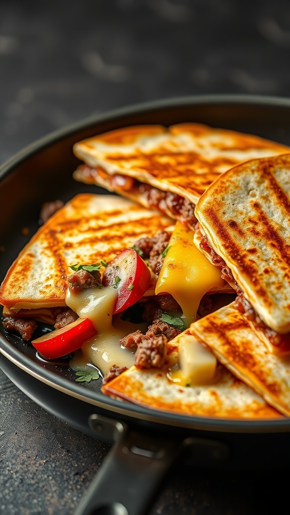 Delicious sizzling steak and pepper quesadillas on a skillet.