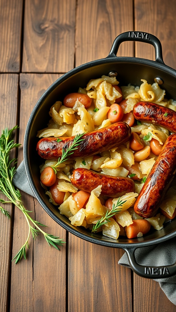 A skillet filled with smoky kielbasa, sauerkraut, and carrots, garnished with parsley on a wooden table.