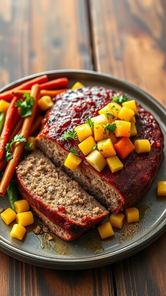 A plate of Southwestern spiced meatloaf topped with corn salsa, served with colorful vegetables.