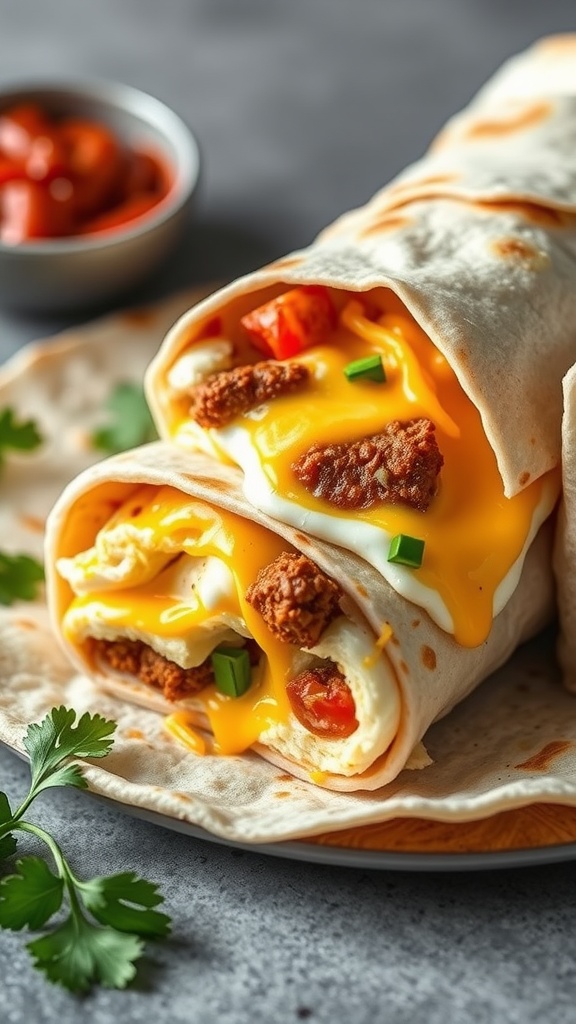 Delicious Spicy Chorizo Breakfast Burrito wrapped in a tortilla