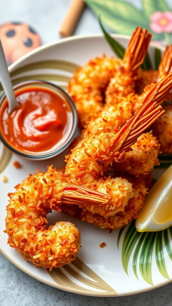 A plate of spicy coconut shrimp served with a dipping sauce