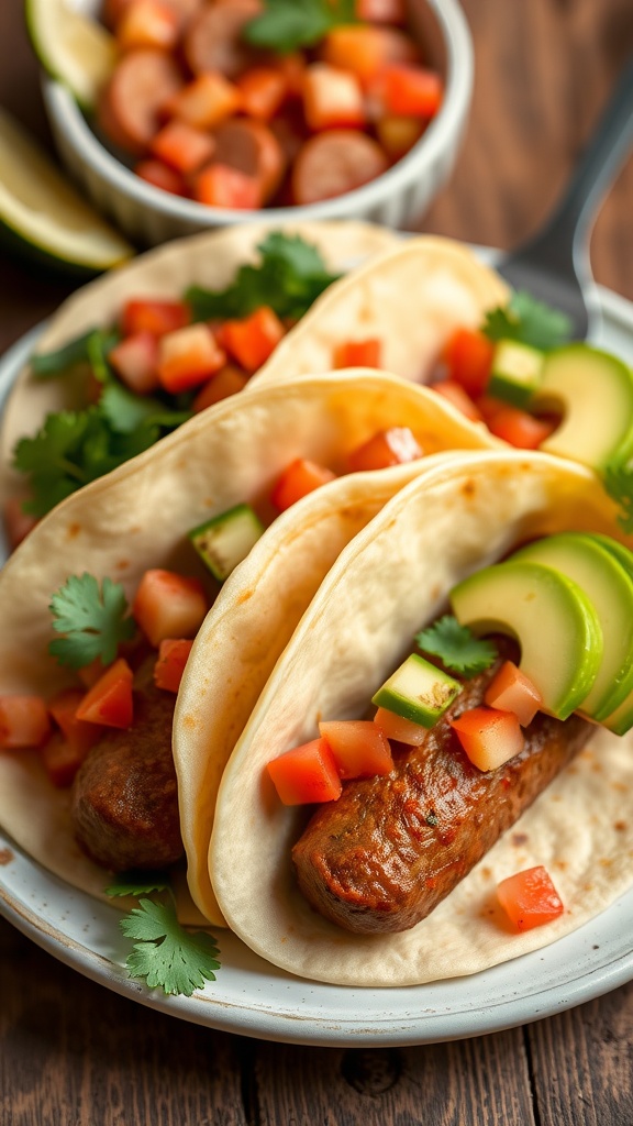 Delicious spicy kielbasa tacos topped with fresh ingredients.