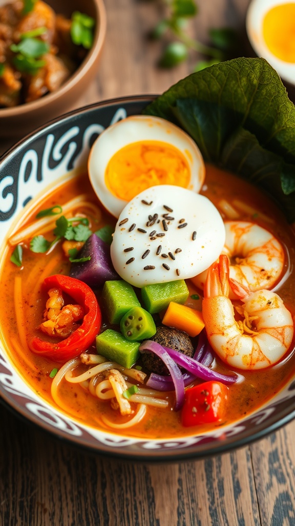A bowl of spicy shrimp ramen with fresh vegetables and boiled eggs.