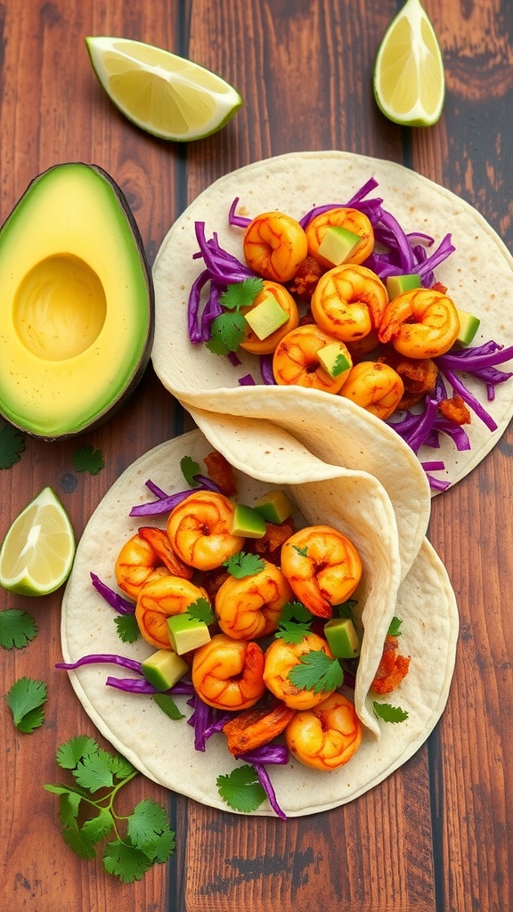 Delicious spicy shrimp tacos with avocado and lime.