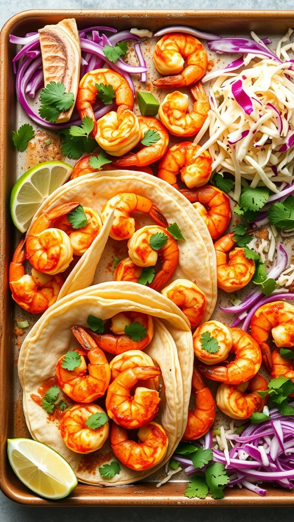 A vibrant platter of spicy shrimp tacos featuring shrimp, cabbage slaw, and lime wedges.