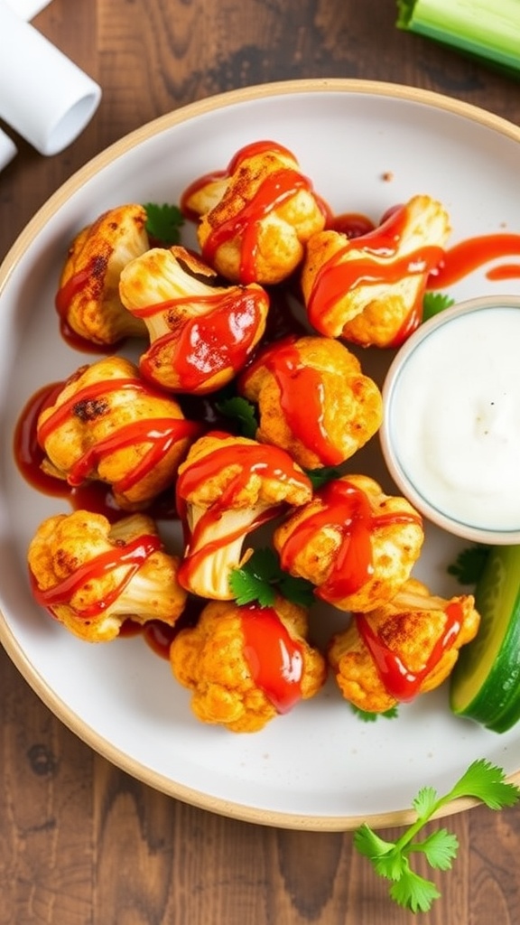 Delicious Sriracha Honey Cauliflower Wings served with dipping sauce