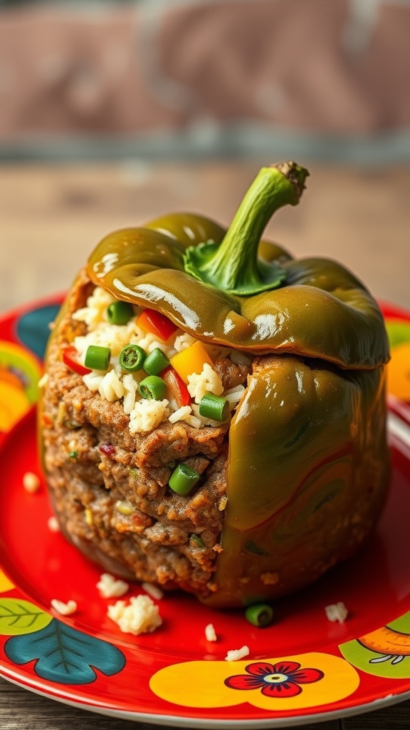 Stuffed bell pepper meatloaf on a colorful plate