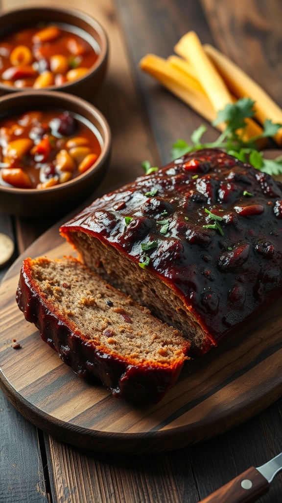 A deliciously glazed meatloaf topped with chili sauce, sliced and ready to be served.