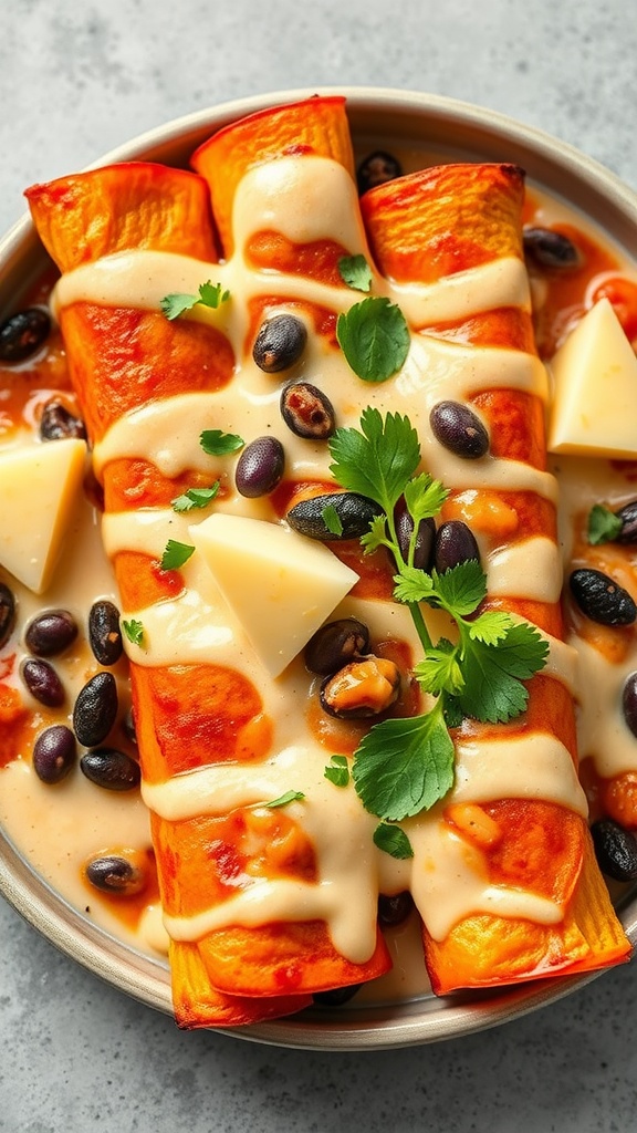 A plate of Sweet Potato and Black Bean Enchiladas topped with cheese and garnished with cilantro.