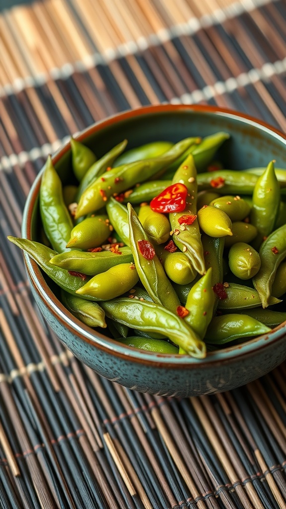 Bowl of Szechuan spiced edamame garnished with chili and scallions