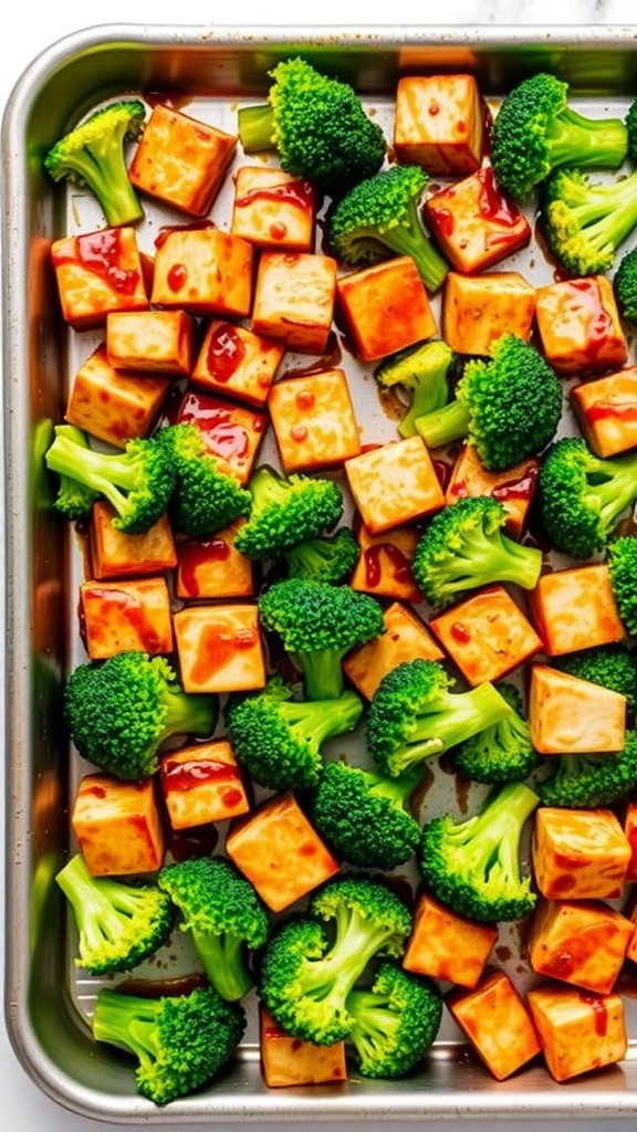 A delicious sheet pan dinner featuring teriyaki tofu and broccoli.