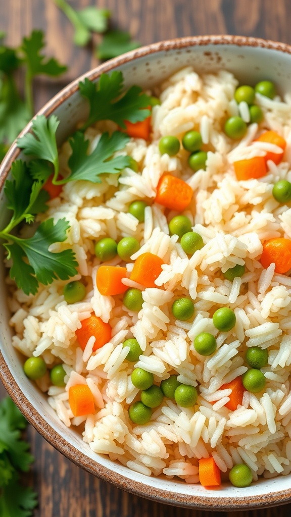 Bowl of traditional Mexican rice with peas and carrots
