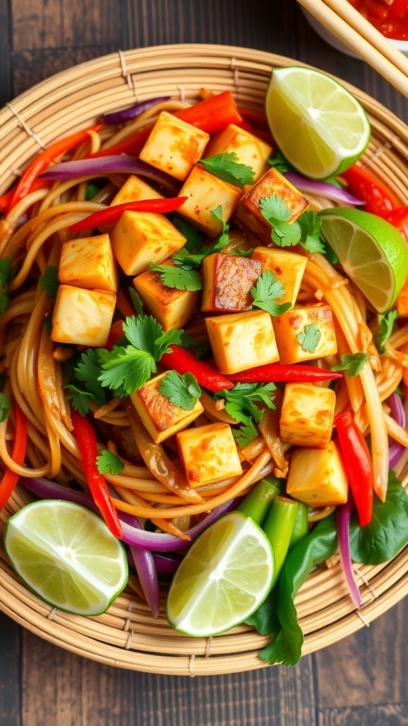 A vibrant bowl of Vegetable Pad Thai with tofu, featuring colorful bell peppers, bean sprouts, and lime wedges on the side.