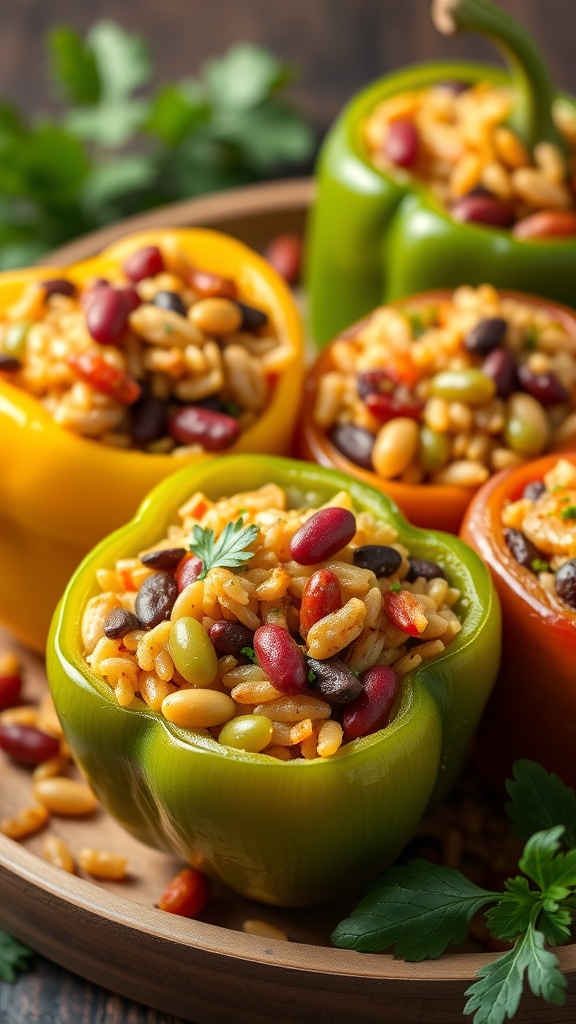 Vibrant vegetarian stuffed peppers filled with rice, beans, and spices.