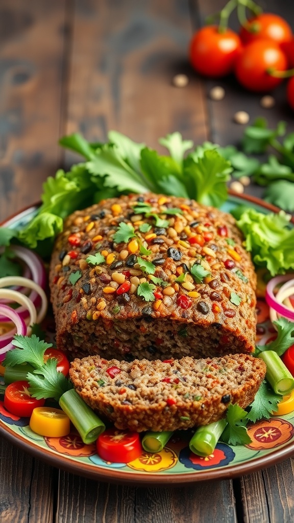 A slice of veggie-loaded lentil meatloaf on a colorful plate surrounded by fresh vegetables.