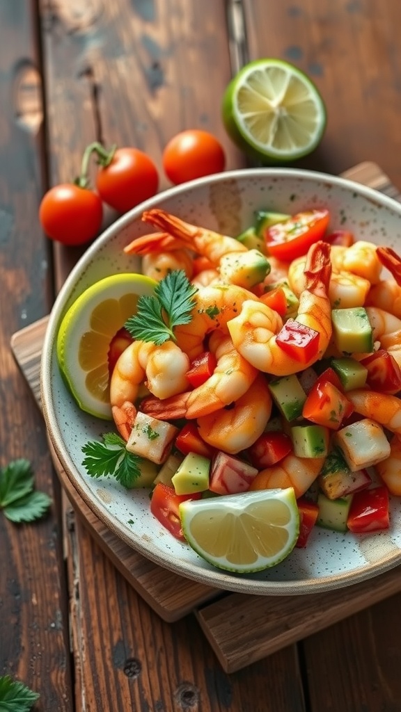 A vibrant bowl of shrimp ceviche with fresh vegetables and lime.